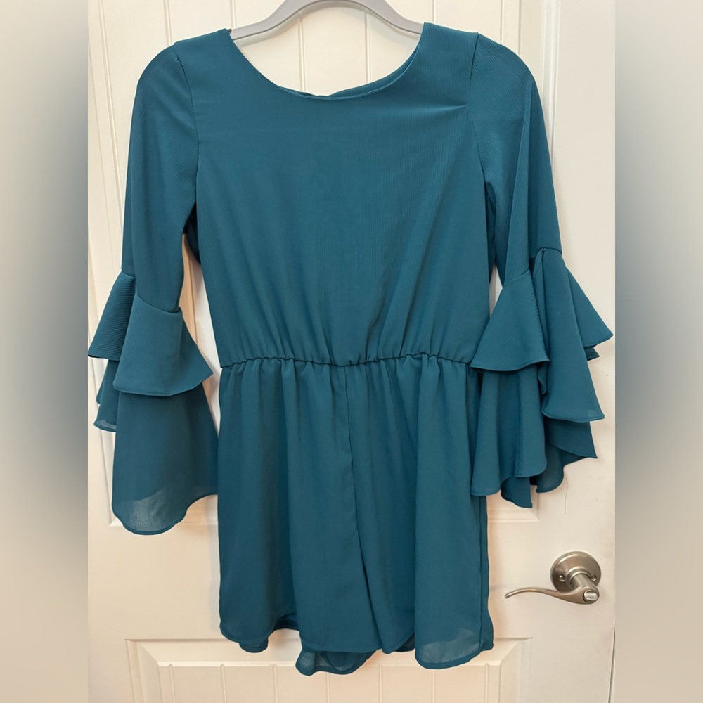 Girls GB Teal Ruffle Sleeve romper. Size XL